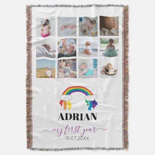 Colorful Rainbow Baby First Year Photo Collage Throw Blanket