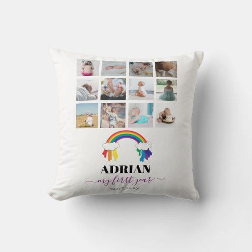 Colorful Rainbow Baby First Year Photo Collage  Throw Pillow