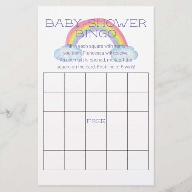 Colorful Rainbow Baby Shower Bingo Game Card Flyer (Front)