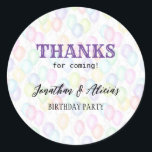 Colorful Rainbow Balloon Joint Birthday Party  Classic Round Sticker<br><div class="desc">Joint birthday thank you stickers featuring a colorful balloon background with vibrant typography. Personalize the sticker with your children's names.</div>