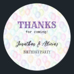Colorful Rainbow Balloon Joint Birthday Party  Classic Round Sticker<br><div class="desc">Joint birthday thank you stickers featuring a colorful balloon background with vibrant typography. Personalize the sticker with your children's names.</div>