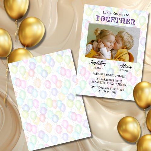 Colorful Rainbow Balloon Twin Photo Birthday  Invitation