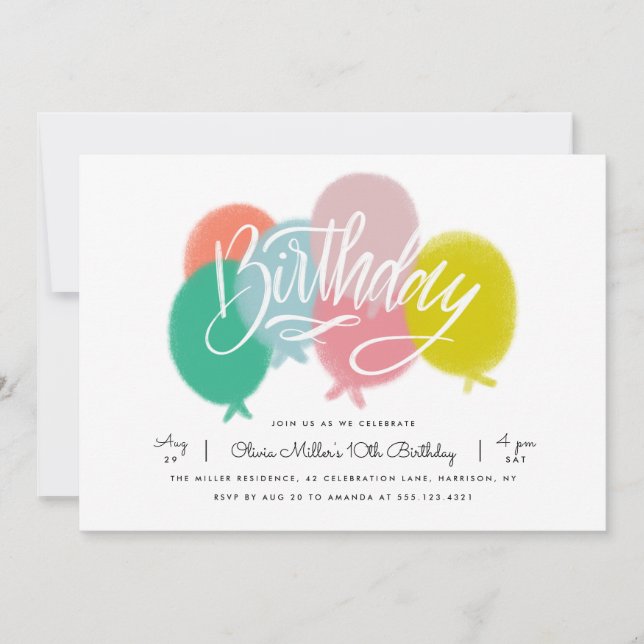 Colorful rainbow balloons birthday party invite (Front)