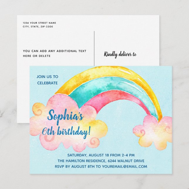 Colorful Rainbow Birthday Party Invitation Postcard (Front/Back)