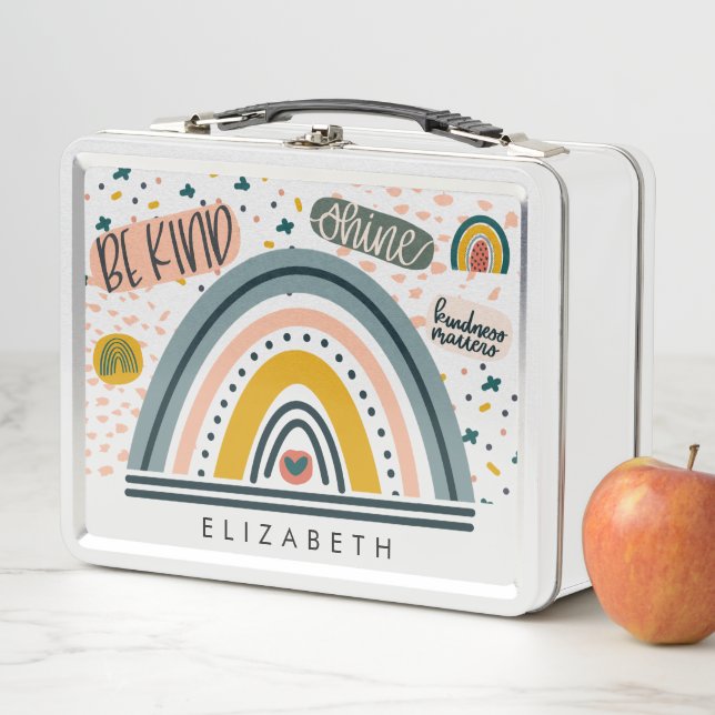 Colorful Rainbow Boho Chic Be Kind Shine Hearts Metal Lunch Box (In Situ)
