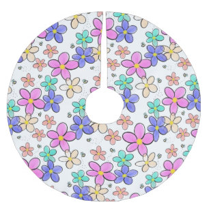colorful rainbow bright flowers bumble bees floral brushed polyester tree skirt