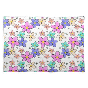 colorful rainbow bright flowers bumble bees floral cloth placemat