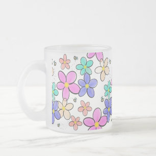 colorful rainbow bright flowers bumble bees floral frosted glass coffee mug