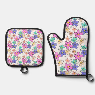 colorful rainbow bright flowers bumble bees floral oven mitt & pot holder set