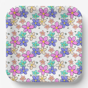 colorful rainbow bright flowers bumble bees floral paper plates