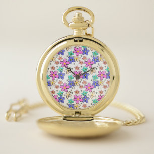 colorful rainbow bright flowers bumble bees floral pocket watch