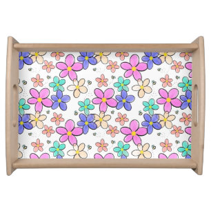 colorful rainbow bright flowers bumble bees floral serving tray
