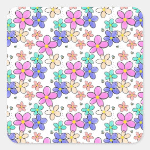 colorful rainbow bright flowers bumble bees floral square sticker