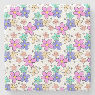 colorful rainbow bright flowers bumble bees floral stone coaster