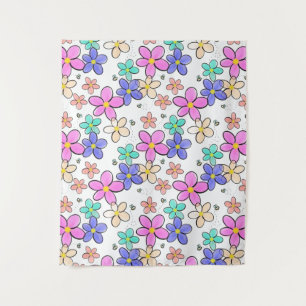 colorful rainbow bright flowers bumble bees floral tapestry
