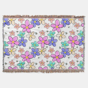 colorful rainbow bright flowers bumble bees floral throw blanket