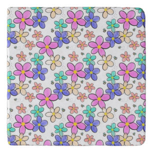 colorful rainbow bright flowers bumble bees floral trivet