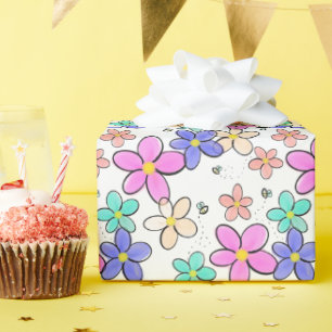 colorful rainbow bright flowers bumble bees floral wrapping paper