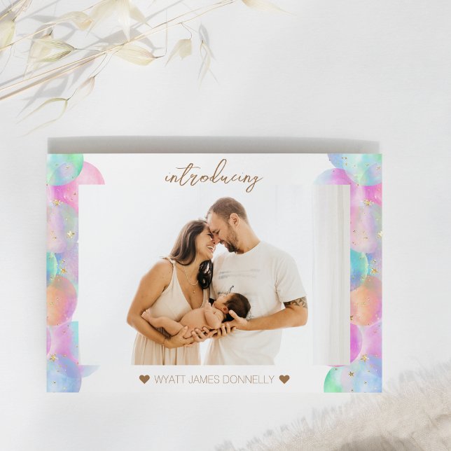 Colorful Rainbow Bubbles Photo Birth Announcement Postcard (Creator Uploaded)