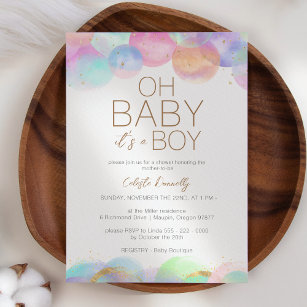Colorful Rainbow Bubbles White Oh Baby Boy Shower Invitation