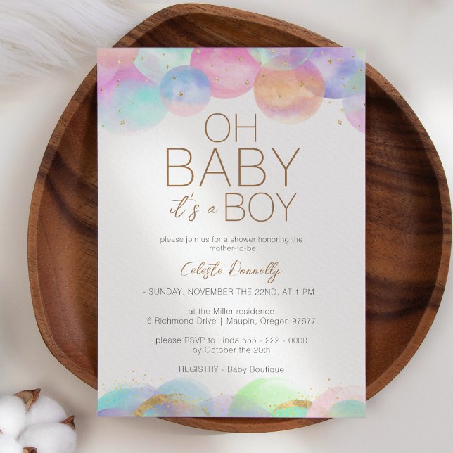 Colorful Rainbow Bubbles White Oh Baby Boy Shower Invitation (Creator Uploaded)
