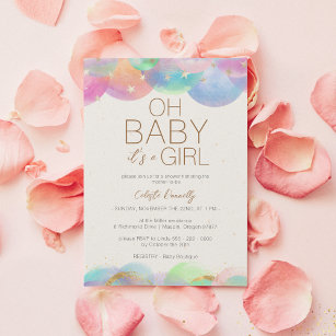 Colorful Rainbow Bubbles White Oh Baby Girl Shower Invitation