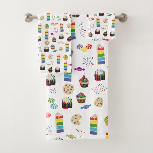 Colorful Rainbow Cake Desserts  Sprinkles Pattern Bath Towel Set