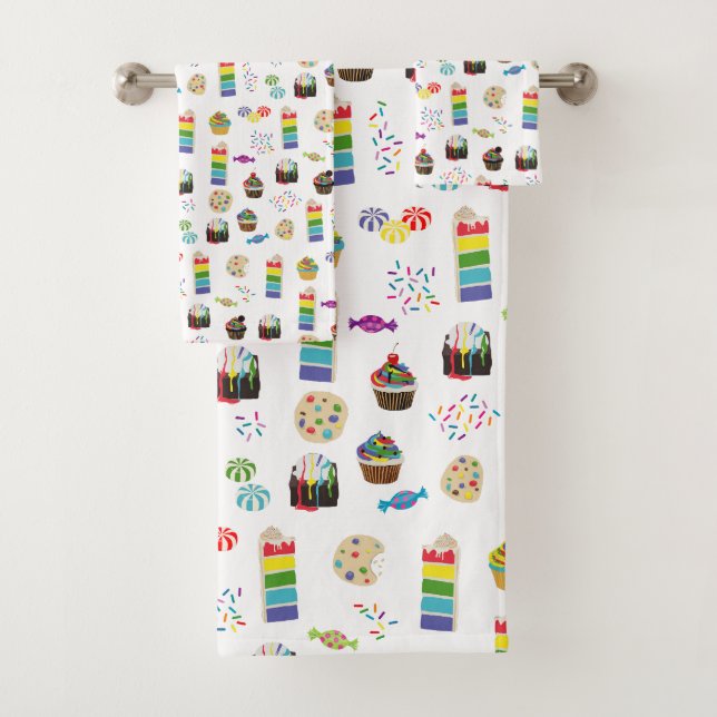 Colorful Rainbow Cake Desserts & Sprinkles Pattern Bath Towel Set (Insitu)