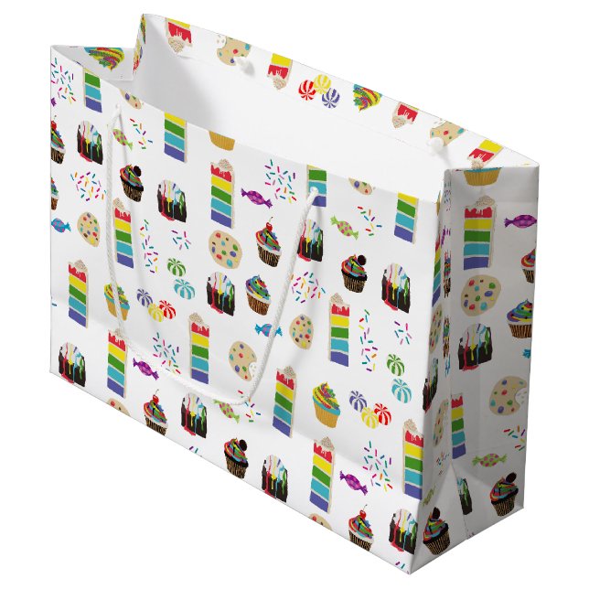 Colorful Rainbow Cake Desserts & Sprinkles Pattern Large Gift Bag (Front Angled)