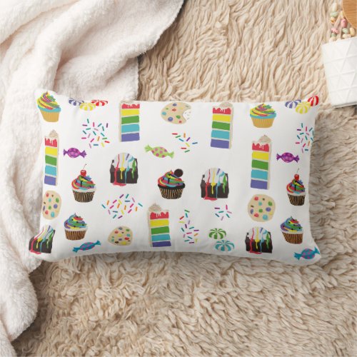 Colorful Rainbow Cake Desserts  Sprinkles Pattern Lumbar Pillow