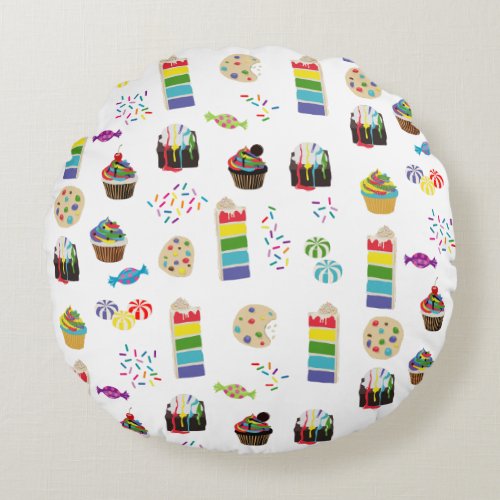 Colorful Rainbow Cake Desserts  Sprinkles Pattern Round Pillow