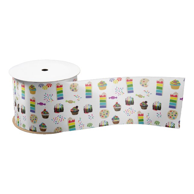 Colorful Rainbow Cake Desserts & Sprinkles Pattern Satin Ribbon (Spool)