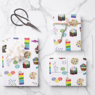 Colorful Rainbow Cake Desserts & Sprinkles Pattern Wrapping Paper Sheets