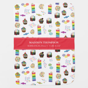 Colorful Rainbow Cake & Sprinkles Baby Birth Stats Baby Blanket
