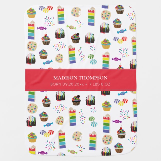 Colorful Rainbow Cake & Sprinkles Baby Birth Stats Baby Blanket (Front)