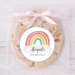 Colorful Rainbow Calligraphy Kids Birthday Classic Round Sticker<br><div class="desc">Colorful Rainbow Calligraphy Kids Birthday round sticker feature a hand drawn rainbow in shades of pink,  orange,  yellow and turquoise and a trendy calligraphy name.</div>
