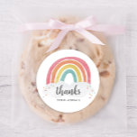 Colorful Rainbow Calligraphy Kids Birthday Favor Classic Round Sticker<br><div class="desc">Colorful Rainbow Calligraphy Kids Birthday Favor Classic Round Sticker features a hand drawn rainbow in shades of pink,  orange,  yellow and turquoise and a trendy calligraphy name. The back is blank for your hand written message.</div>