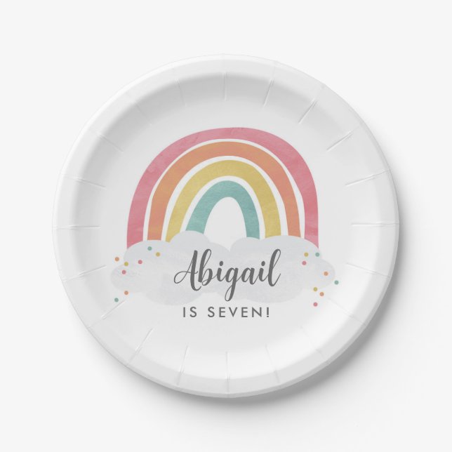 Colorful Rainbow Calligraphy Kids Birthday Paper Plates (Front)
