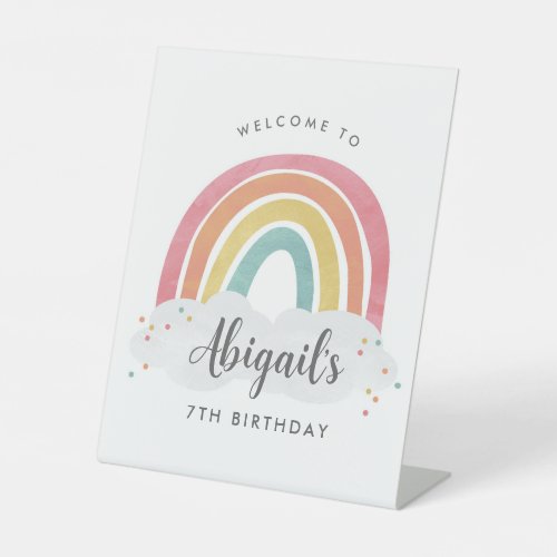 Colorful Rainbow Calligraphy Kids Birthday Pedestal Sign