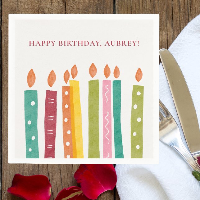 Colorful Rainbow Candles Happy Birthday Typography Napkins (Creator Uploaded)