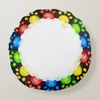 Colorful Rainbow Cat Paws Round Pillow