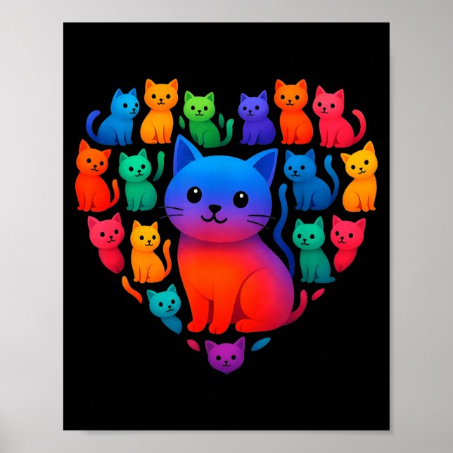 Colorful Rainbow Cats Heart Valentines Day Cat Gra Poster (Front)