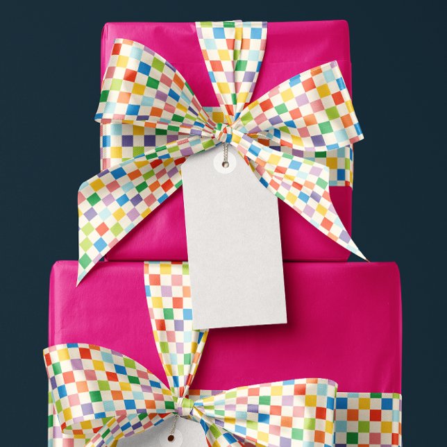 Colorful Rainbow Checkerboard Pattern Satin Ribbon (checkerboard patterned ribbon in cream and a rainbow of colors)