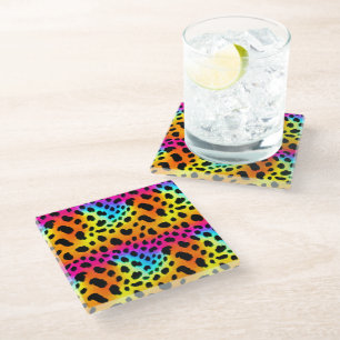 Colorful Rainbow Cheetah Seamless Pattern Glass Coaster