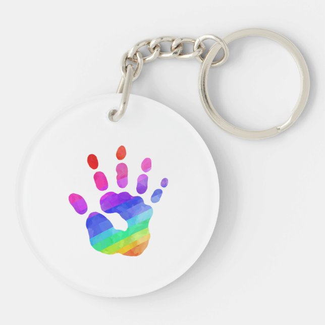Colorful Rainbow Child Handprint Kids Keychain (Back)