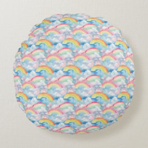 Colorful Rainbow, Cloud, and Snowflake Seamless Round Pillow