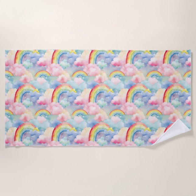 Colorful Rainbow, Cloud, and Star Beach Towel (Front)