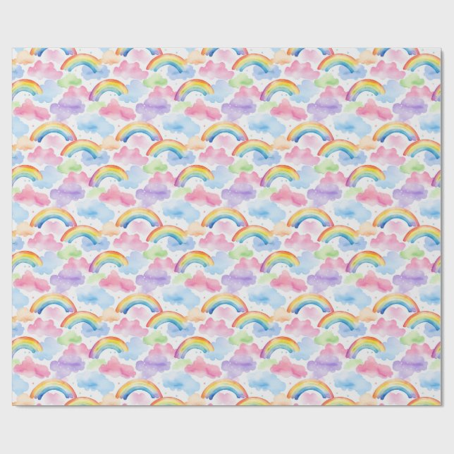 Colorful Rainbow, Cloud, and Star Pattern Wrapping Paper (Flat)