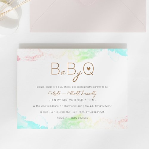 Colorful Rainbow Clouds Baby_Q BBQ Baby Shower Invitation