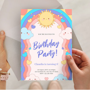 Colorful Rainbow & Clouds Kids 1st Birthday Party Invitation